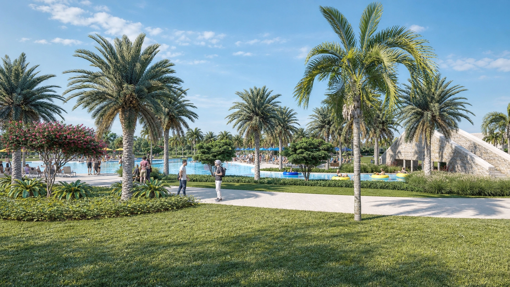 Commercial waterpark resort rendering with lazy river and pool amenities
