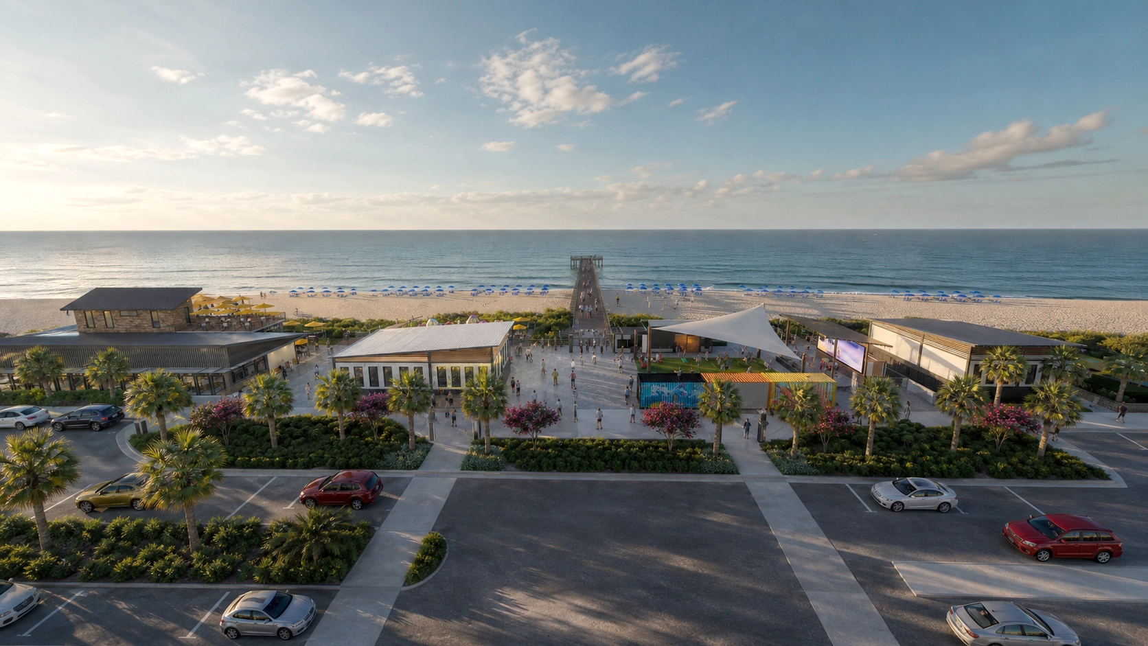 Florida commercial site rendering with palm trees and outdoor amenities