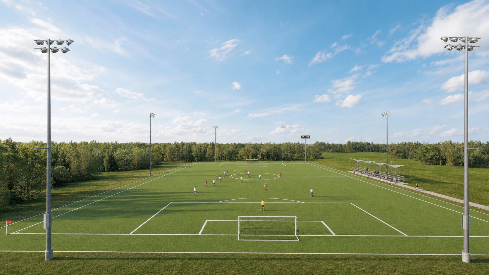 Commercial sports center architectural visualization with landscaping