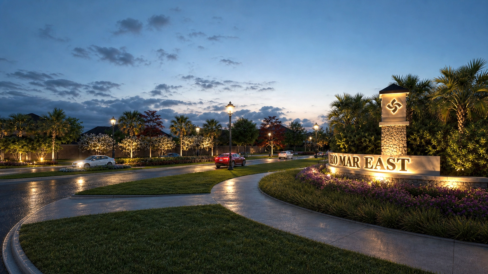 Evening rendering of community entrance feature