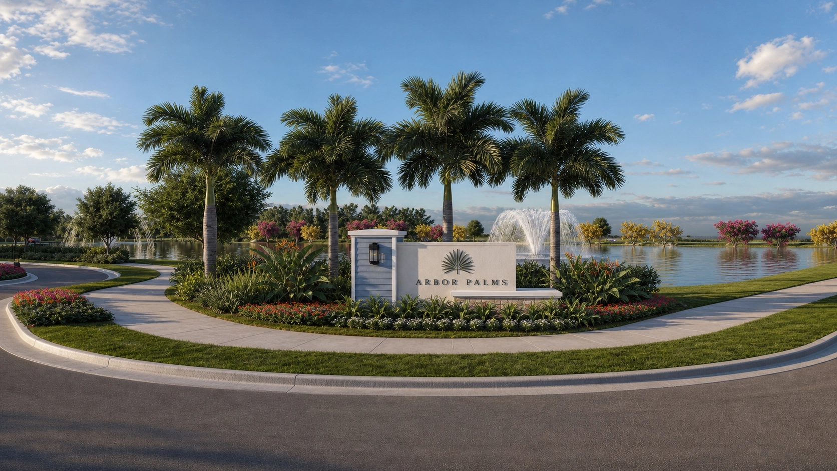 Residential streetscape rendering with sidewalks and landscaping